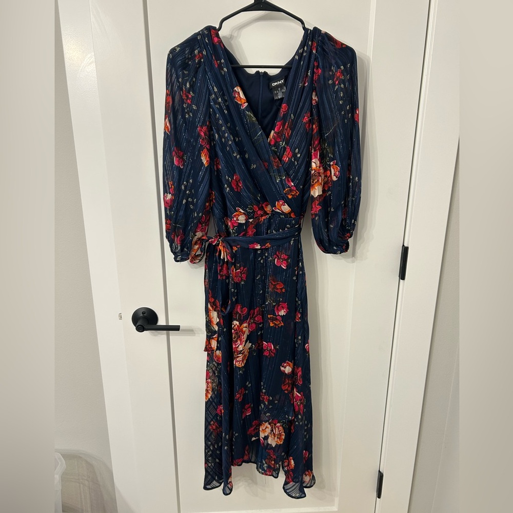 DKNY Navy Floral Long Sleeve Dress